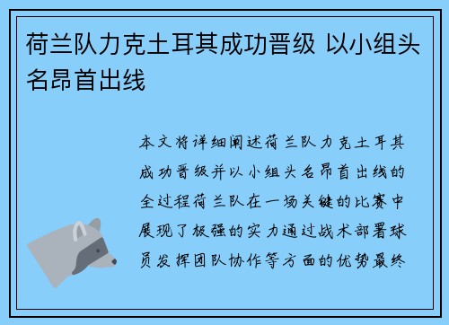 荷兰队力克土耳其成功晋级 以小组头名昂首出线