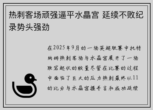 热刺客场顽强逼平水晶宫 延续不败纪录势头强劲