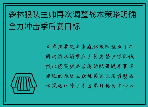 森林狼队主帅再次调整战术策略明确全力冲击季后赛目标