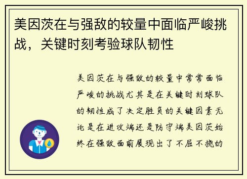 美因茨在与强敌的较量中面临严峻挑战，关键时刻考验球队韧性