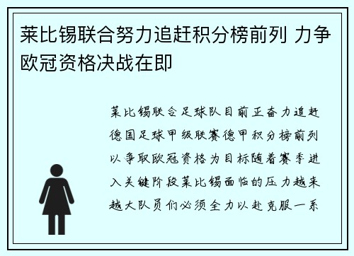 莱比锡联合努力追赶积分榜前列 力争欧冠资格决战在即